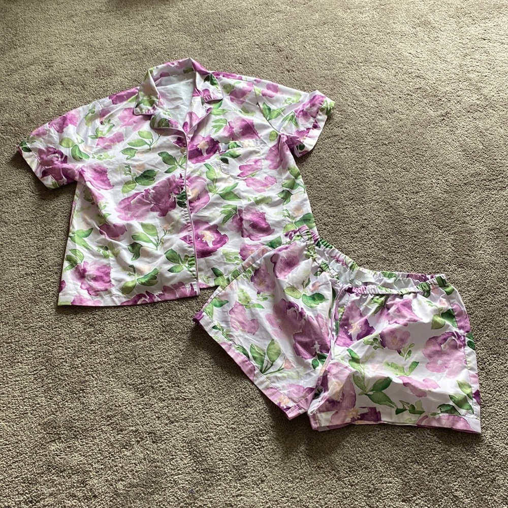 Weddingstar Floral Short Sleeve Satin Pajama Set Button Up SIZE M